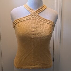 Free People Yellow Crinkle Halter Cross-Neck Tank